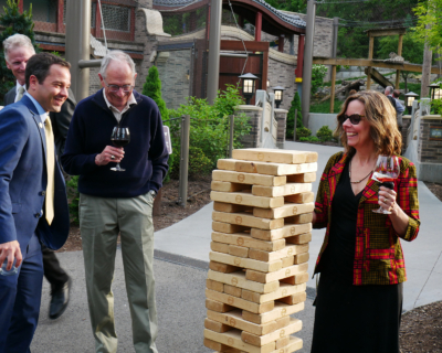 Photo of group playing Giant Jenga